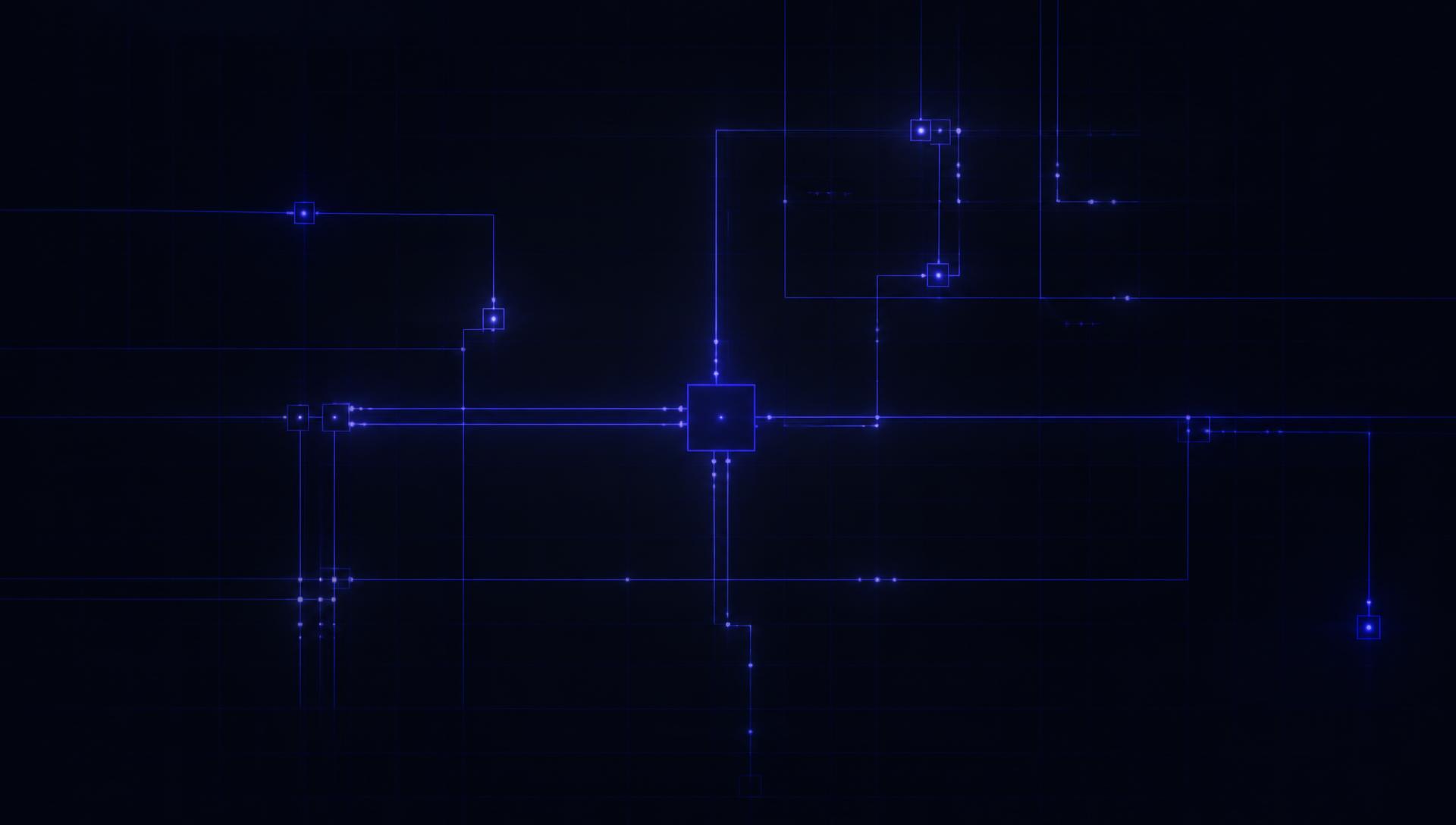 Abstract schematic of indigo signal paths routing through a dark systems network